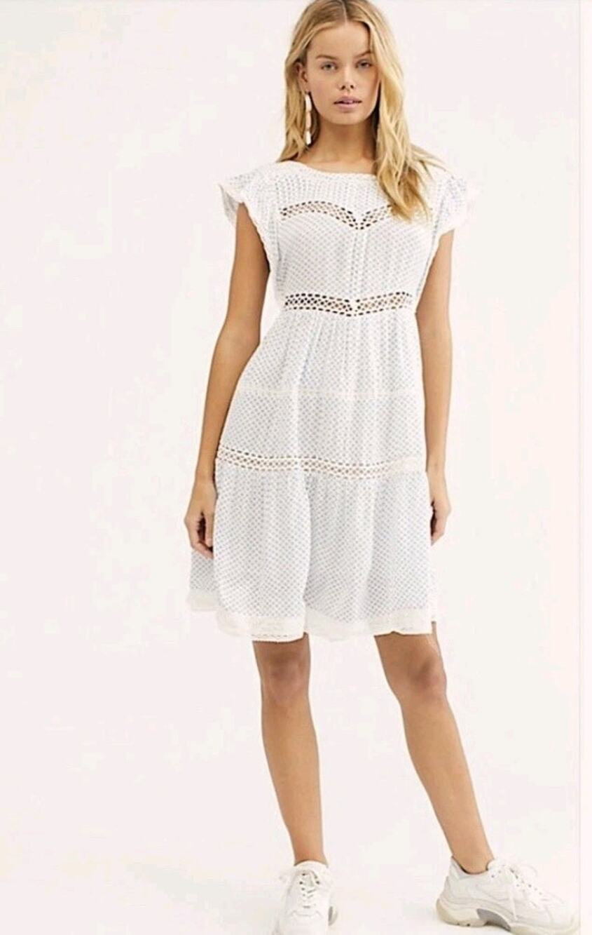 Free People Retro Kitty Crochet Trim Mini Dress Blue White Size XS Cottage Core